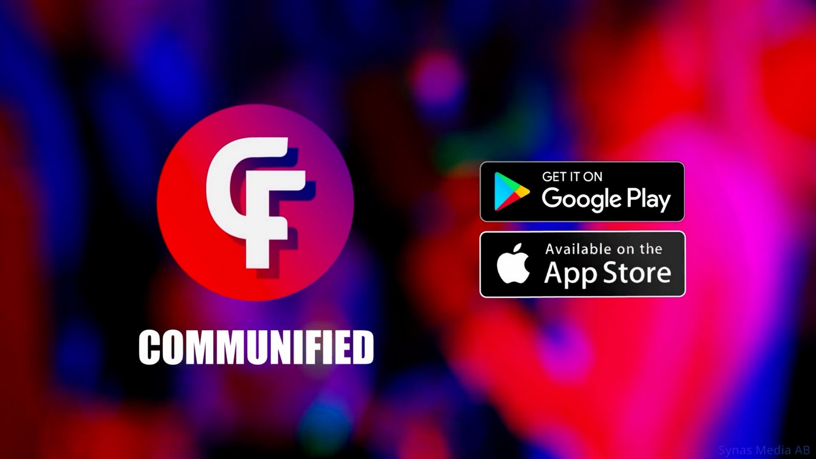 Slutbild ur filmen: Communifieds logotyp med knappar för Google Play och App Store.