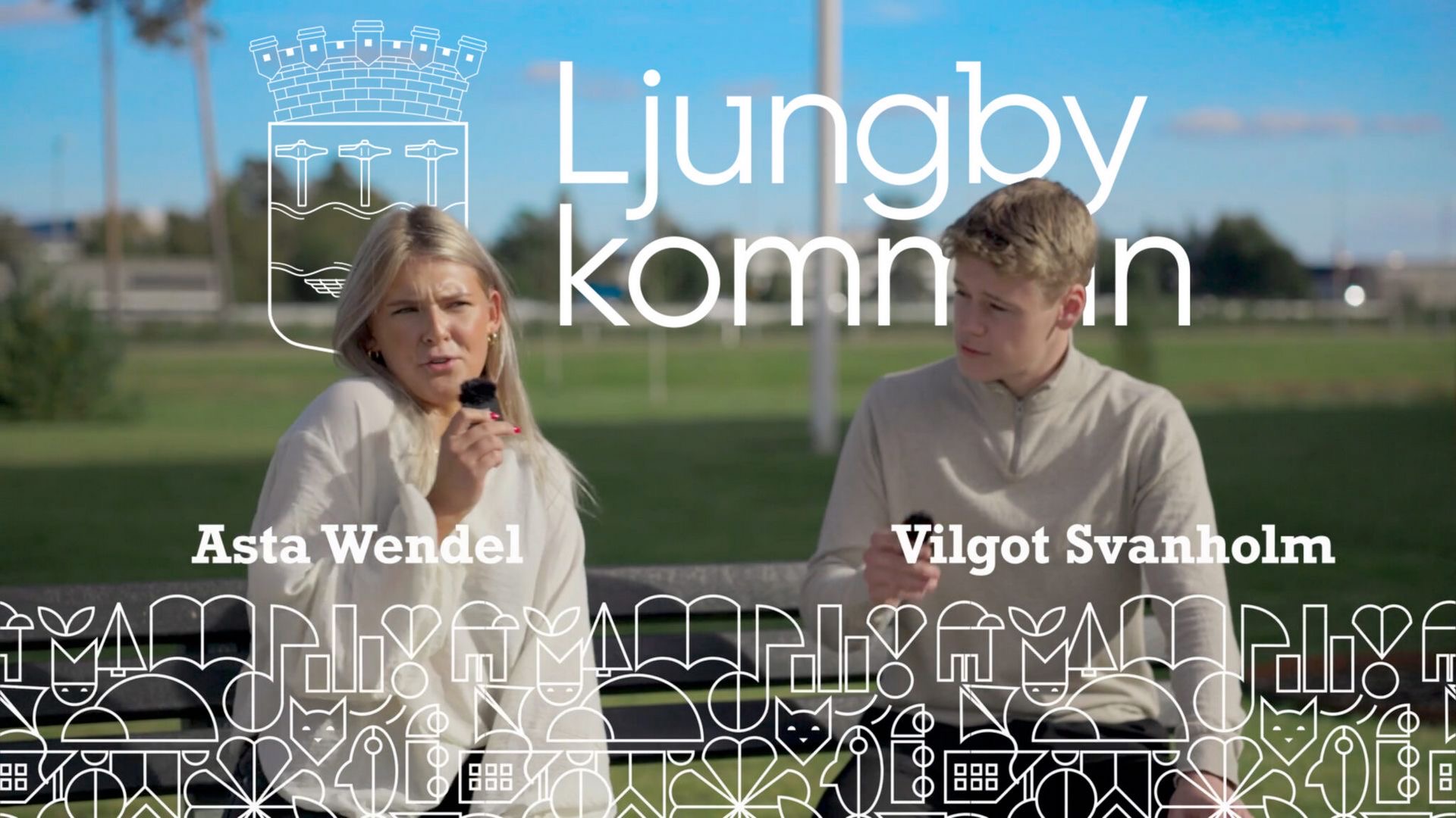 Titelbild: två elever, Asta Wendel och Vilgot Svanholm, på en parkbänk med Ljungby kommuns logotyp.
